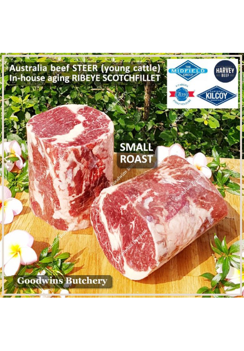 Beef Ribeye AUSTRALIA STEER (young cattle) aged by Goodwins brand Harvey/Midfield frozen roast cuts 4-5" +/- 1.5 kg price/kg (Scotch-Fillet / Cube-Roll)